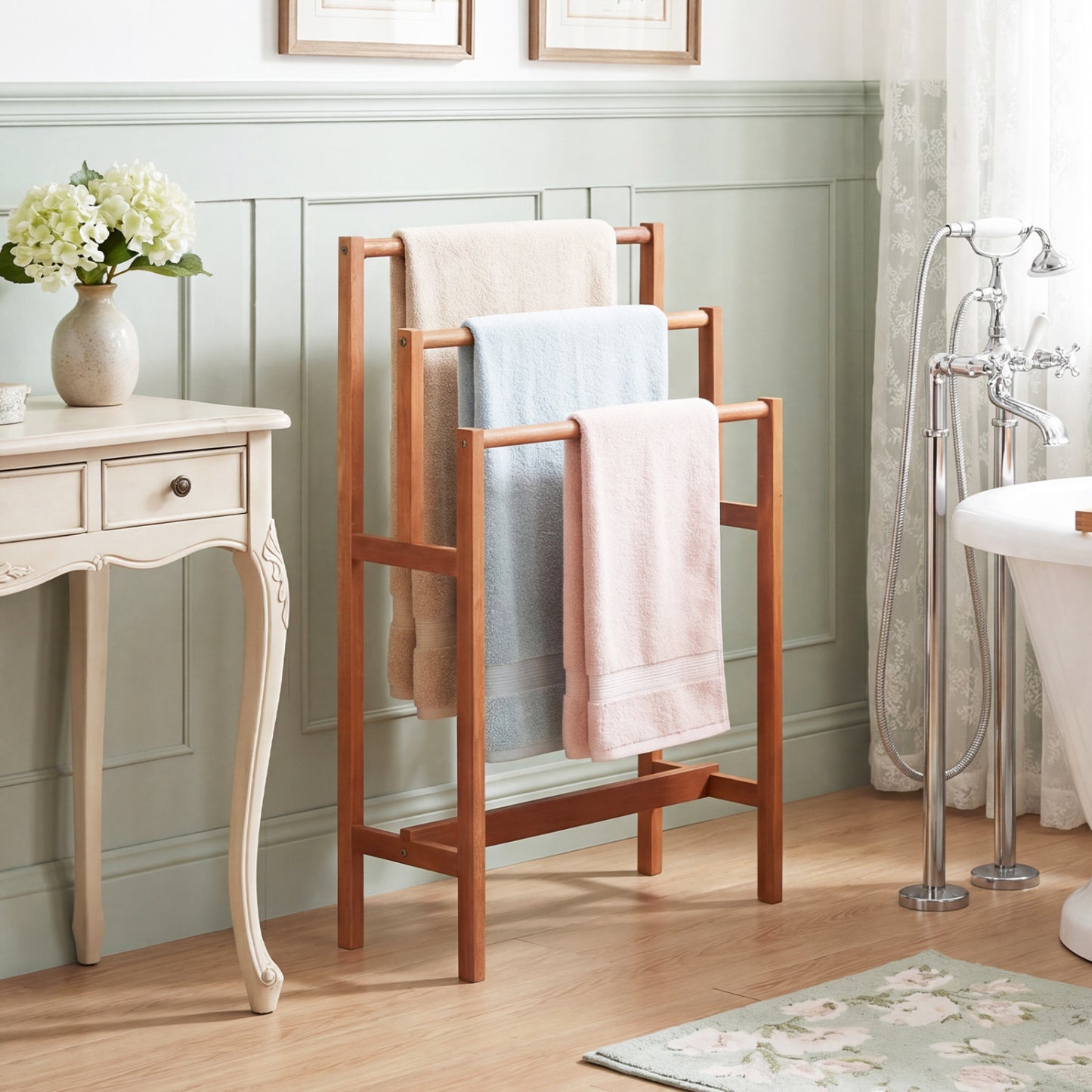 Solid wood 3-tier freestanding towel rack with teak oil finish, ideal for bathroom organization and stylish towel storage.