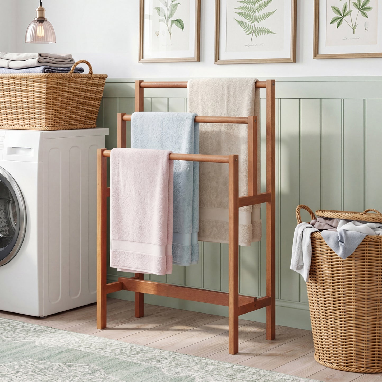 Solid wood 3-tier freestanding towel rack with teak oil finish, ideal for bathroom organization and towel storage.