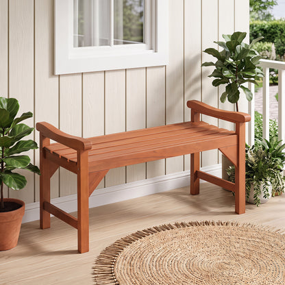 Solid Wood Backless Garden Bench with Support Handles and Curved Slatted Seat for Deck
