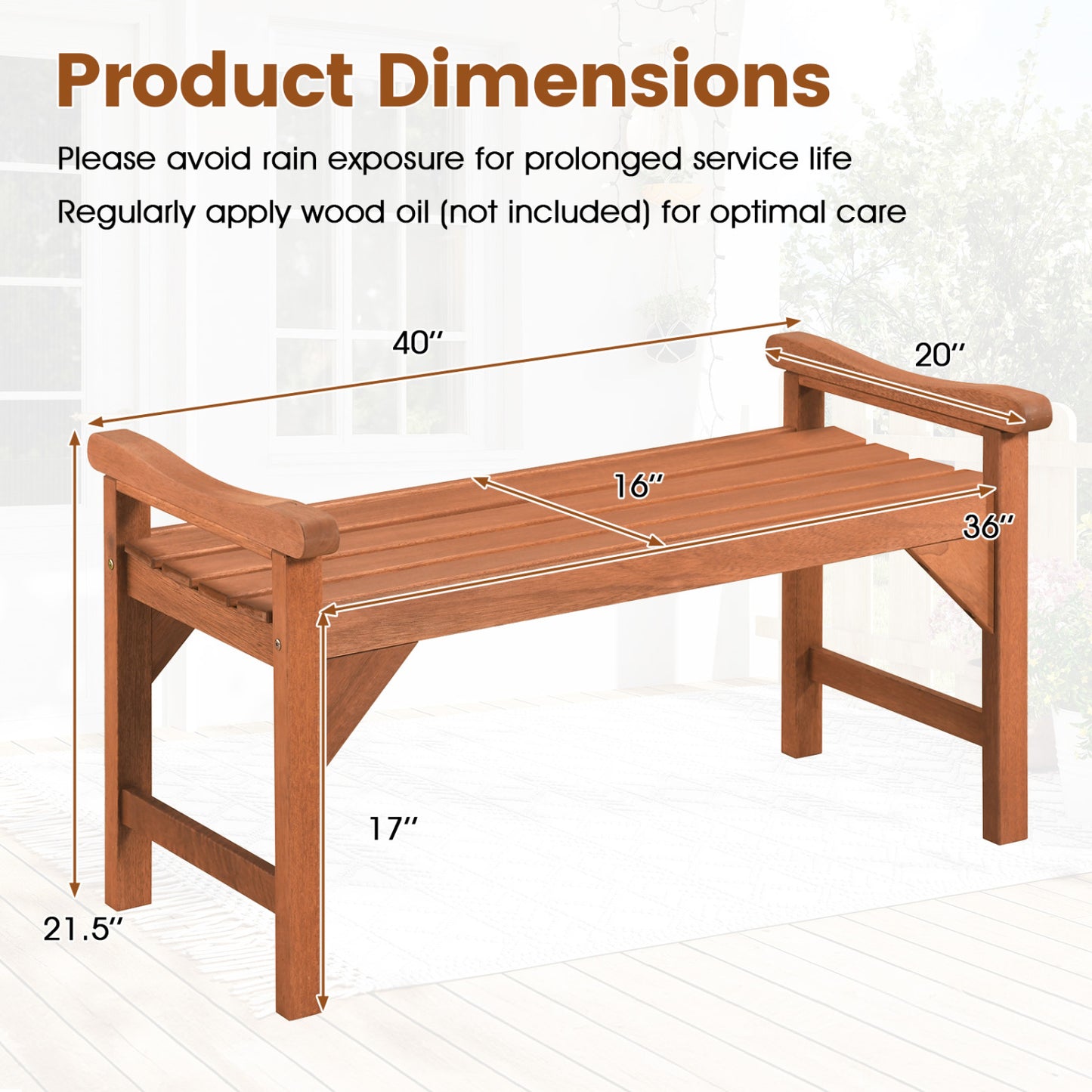 Solid Wood Backless Garden Bench with Support Handles and Curved Slatted Seat for Deck