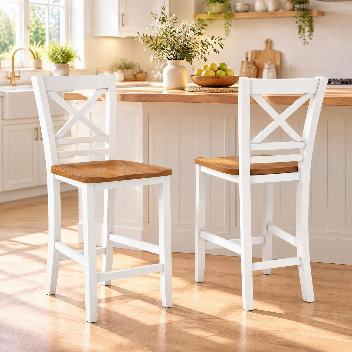 Set of two solid wood bar stools with rubber wood frames and cross backrests, ideal for kitchen and dining areas.