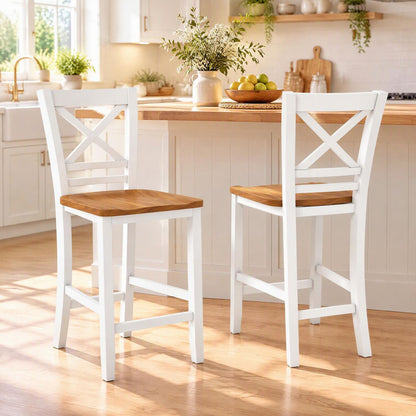 Set of two solid wood bar stools with rubber wood frames and cross backrests, ideal for kitchen and dining areas.