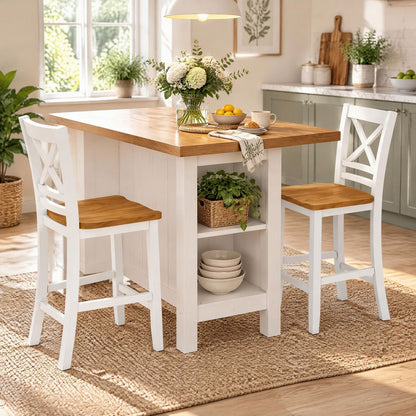 Set of two solid wood bar stools with rubber wood frames and cross backrests, ideal for kitchen and dining areas.