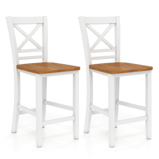 Solid Wood Bar Stools Set of 2 with Rubber Wood Frame and Cross Backrest for Home-White