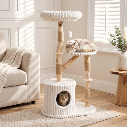 Solid Wood Cat Tree 41 Inch with Real Branches & Scratching Posts and Cozy Bed-Beige