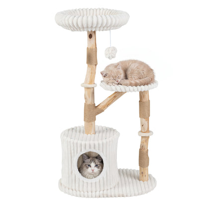 Solid Wood Cat Tree 41 Inch with Real Branches & Scratching Posts and Cozy Bed-Beige