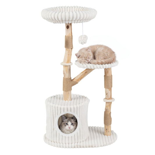 Beige 41-inch solid wood cat tree with real branches, scratching posts, and cozy bed for cats, by Wilsons Home Store.