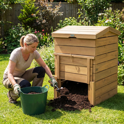 Solid wood compost bin with lockable sliding door and flip-top opening for garden use, outdoor garden tool by Wilsons Home Store.