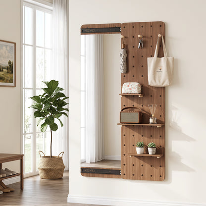 Solid Wood Full Length Mirror with Pegboard & Shelves and Hooks for Entryway-Brown