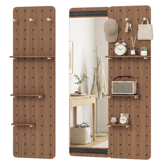 Solid wood full-length mirror with pegboard, shelves, and hooks for entryway, featuring a warm brown finish.