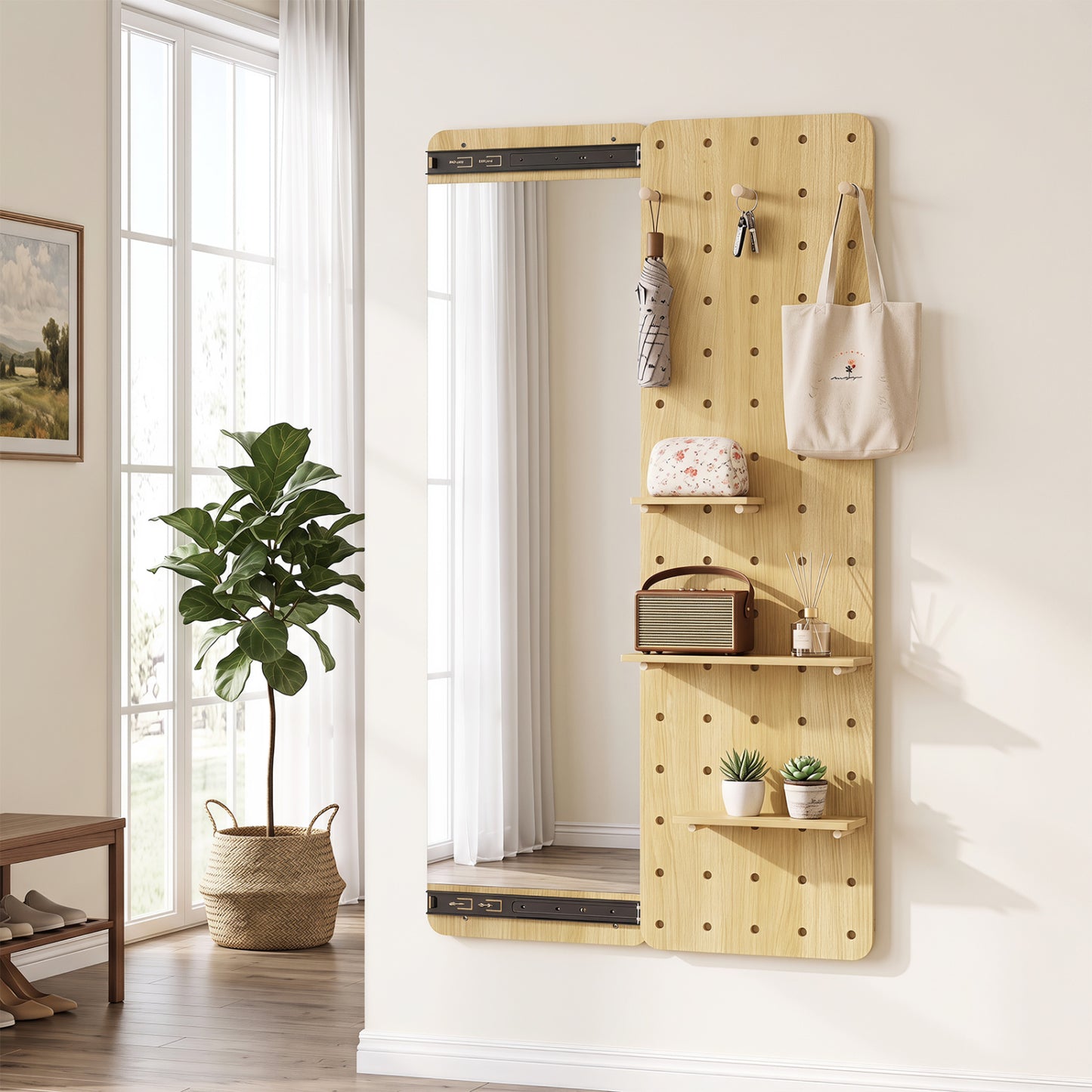 Solid Wood Full Length Mirror with Pegboard & Shelves and Hooks for Entryway-Brown