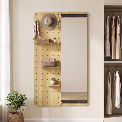 Solid Wood Full Length Mirror with Pegboard & Shelves and Hooks for Entryway-Brown