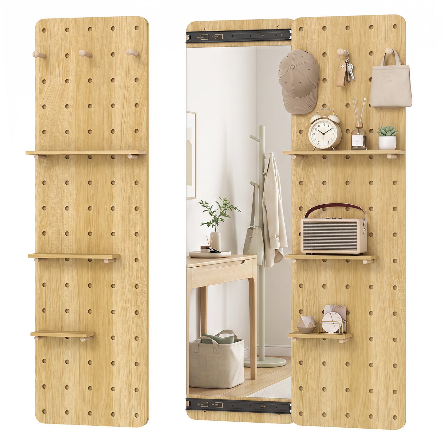 Solid Wood Full Length Mirror with Pegboard & Shelves and Hooks for Entryway-Brown