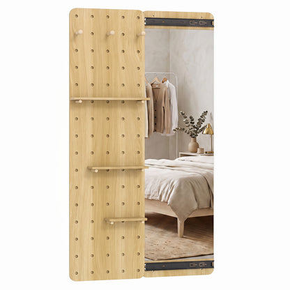 Solid Wood Full Length Mirror with Pegboard & Shelves and Hooks for Entryway-Brown