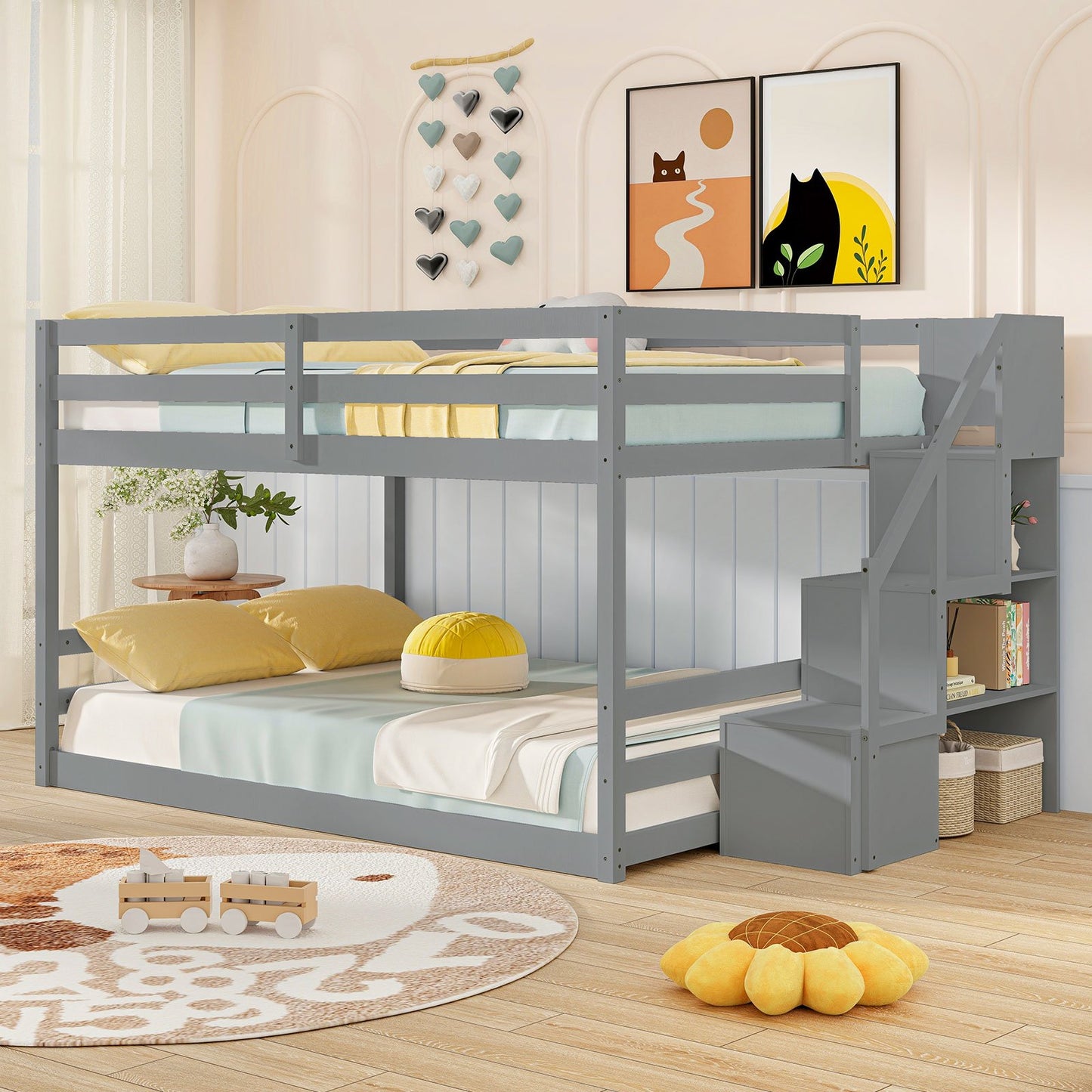 Solid Wood Full Over Full Low Bunk Bed with Storage Stairs-Gray