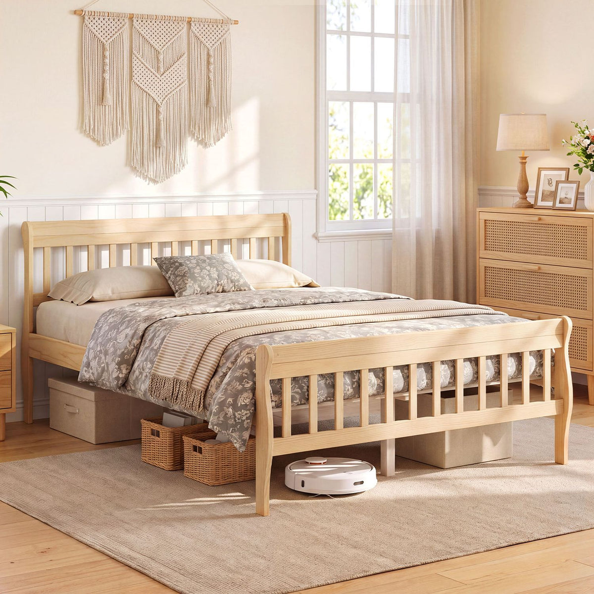 Solid Wood Platform Bed Frame with Headboard Wood Slat Support Natural-Full Size