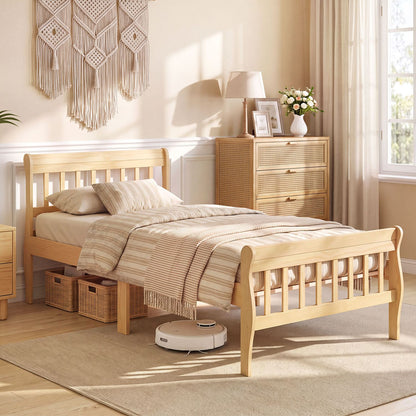 Solid Wood Platform Bed Frame with Headboard Wood Slat Support Natural-Twin Size