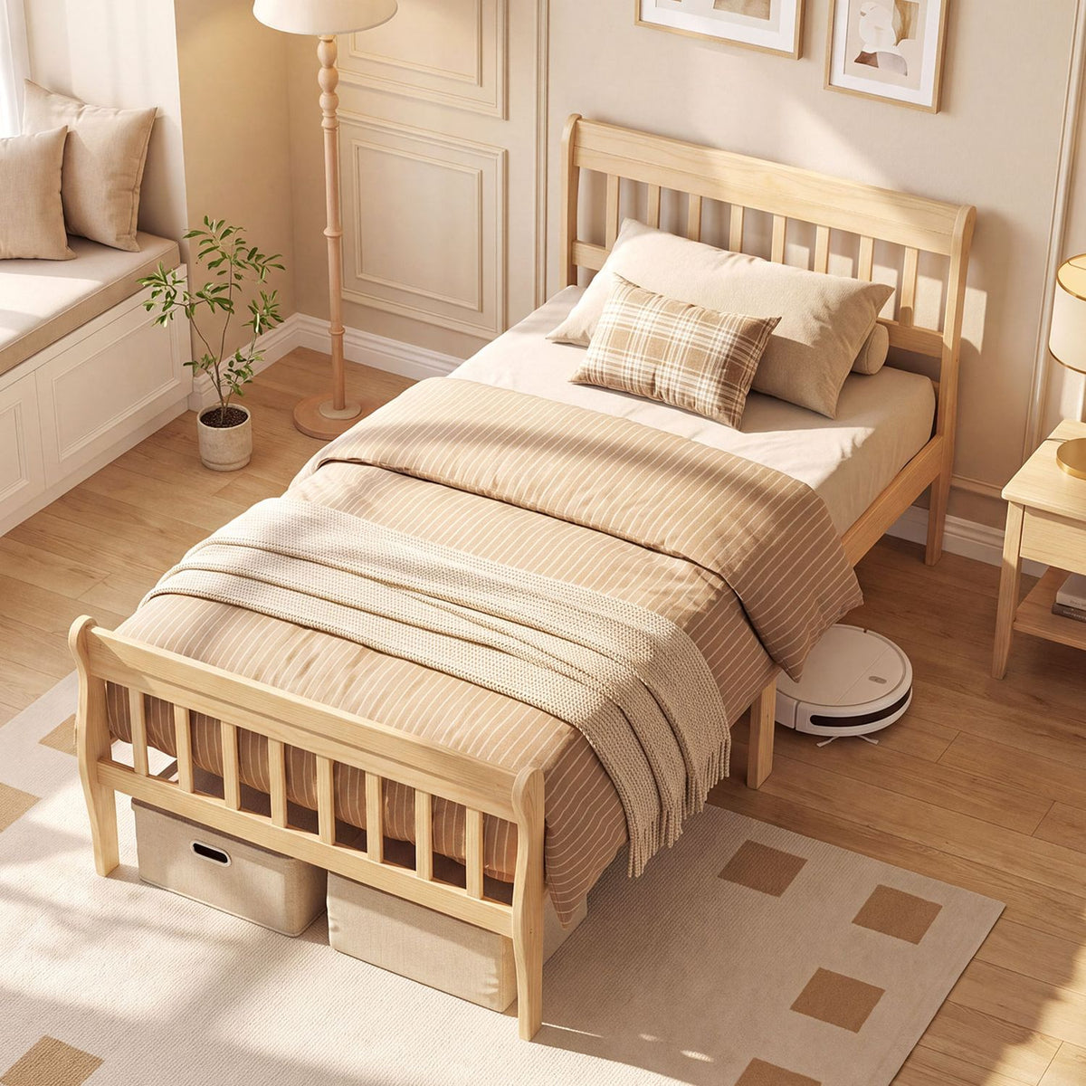 Solid Wood Platform Bed Frame with Headboard Wood Slat Support Natural-Twin Size