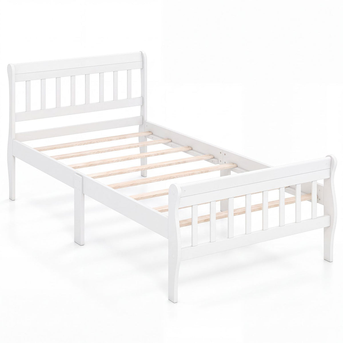 White twin-sized solid wood platform bed frame with wood slat support, featuring a simple, sturdy design for bedroom furniture.