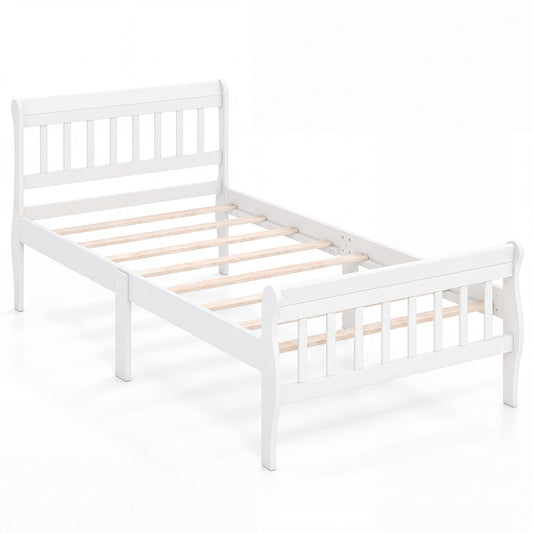 White twin-sized solid wood platform bed frame with wood slat support, featuring a simple, sturdy design for bedroom furniture.