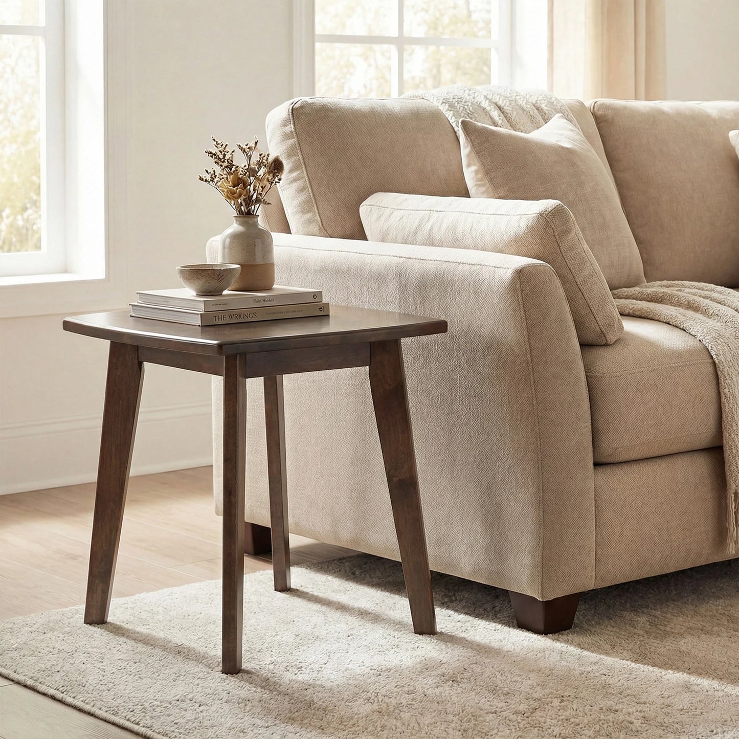 Solid Wood Side Table Square End Table with Thickened Top and Curved Edge-Walnut