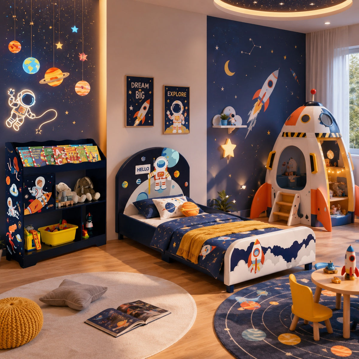 Space astronaut themed kids upholstered platform bed with toy storage, featuring space-themed design and sturdy construction.