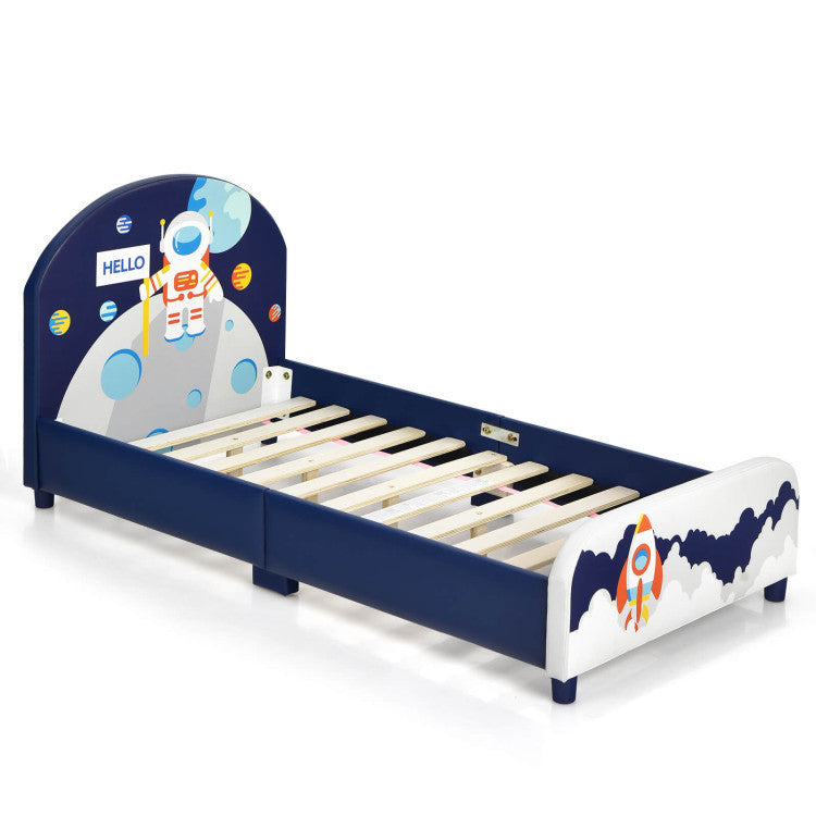Space astronaut-themed kids upholstered platform bed with toy storage organizer, featuring space-themed design and padded headboard.