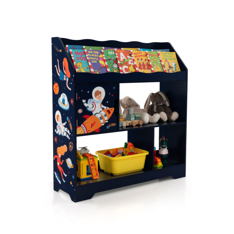 Space astronaut themed kids' upholstered platform bed with toy storage organizer, featuring space-themed details for toddlers.
