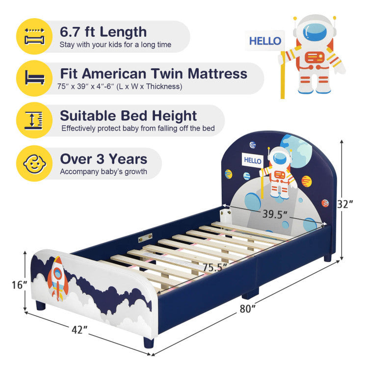 Space astronaut theme kids upholstered platform bed with toy storage, toddler furniture by Wilsons Home Store, featuring space-themed design.