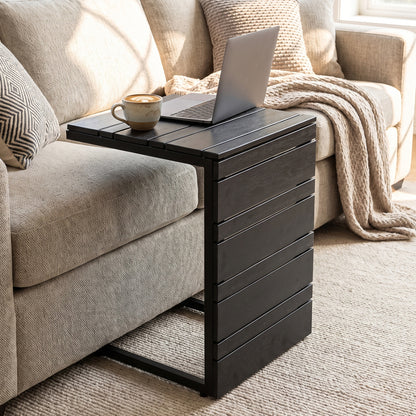 Space-Saving C-Shaped Side Table with Wood-Plastic Top for Indoor Outdoor-Black