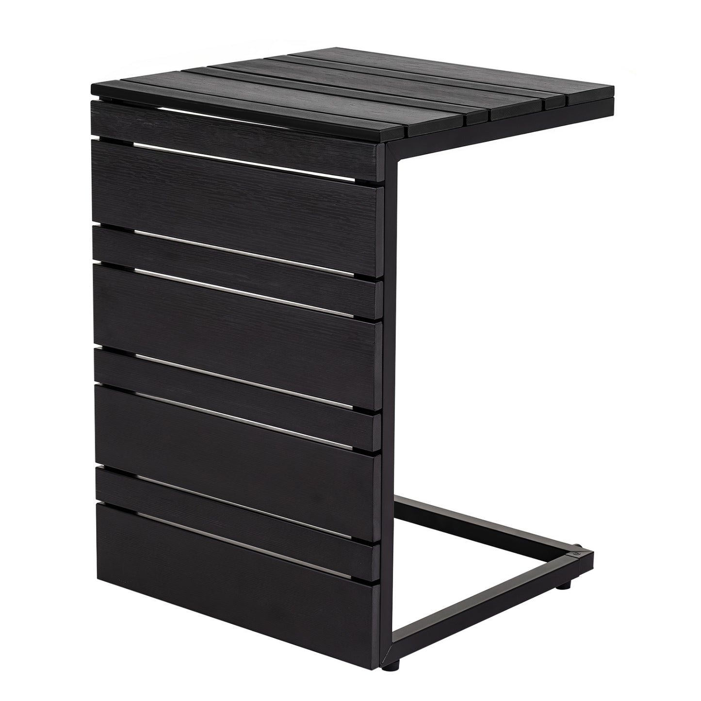 Space-Saving C-Shaped Side Table with Wood-Plastic Top for Indoor Outdoor-Black