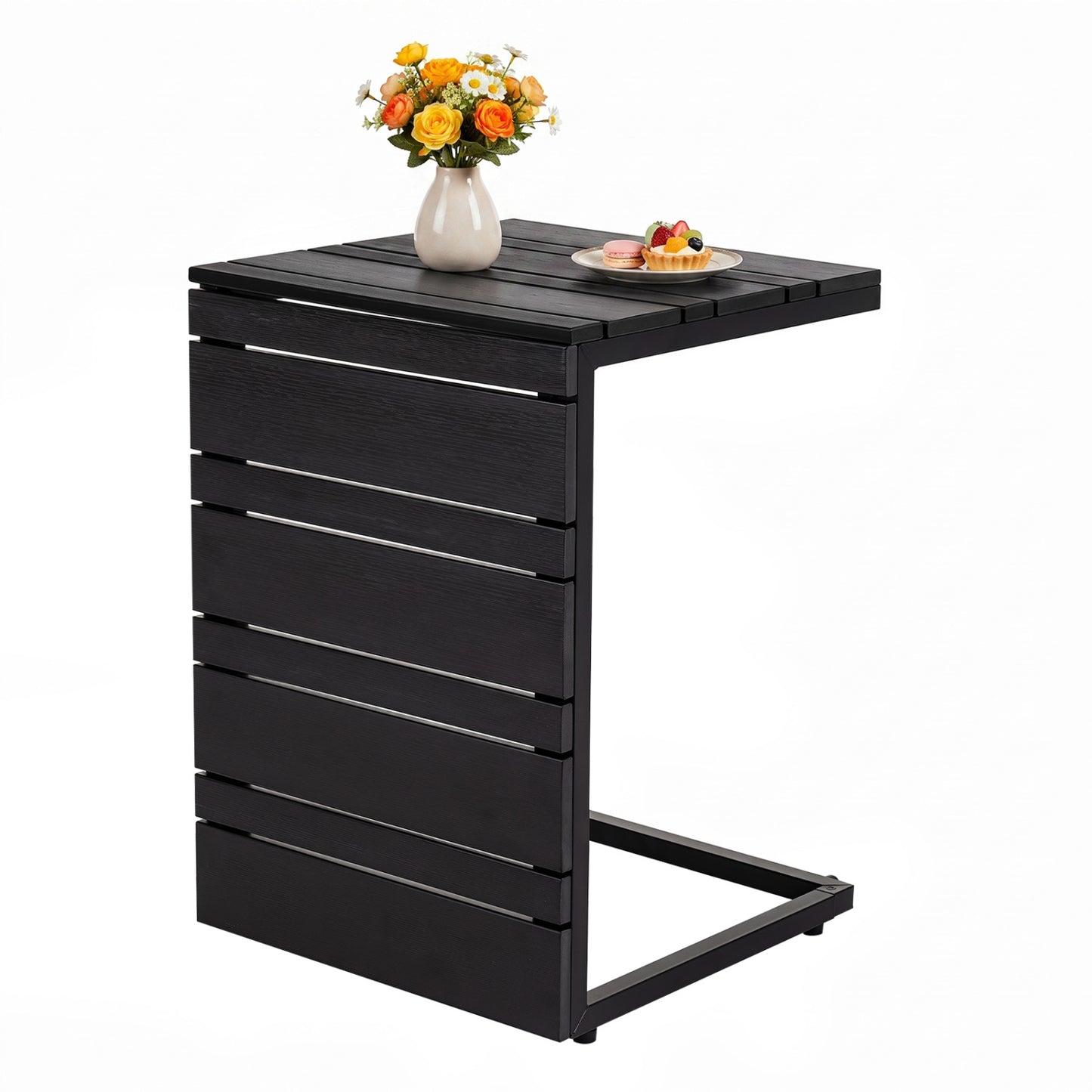 Space-Saving C-Shaped Side Table with Wood-Plastic Top for Indoor Outdoor-Black
