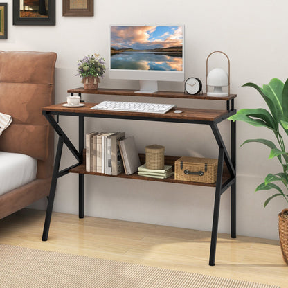 Space Saving Computer Desk with Monitor Stand and Extra Storage Shelf for Work Study-Black