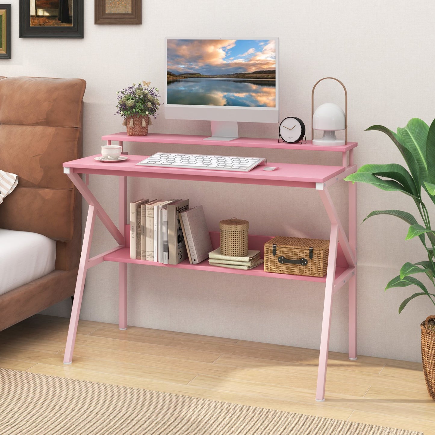 Space Saving Computer Desk with Monitor Stand and Extra Storage Shelf for Work Study-Black