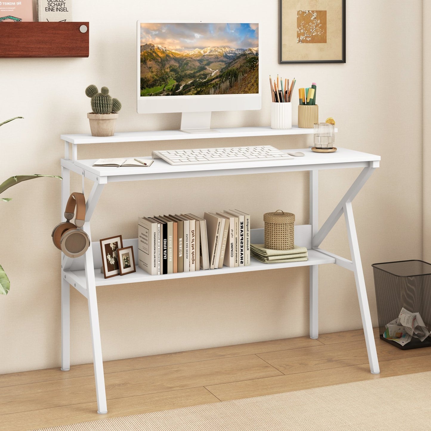 Space Saving Computer Desk with Monitor Stand and Extra Storage Shelf for Work Study-Black