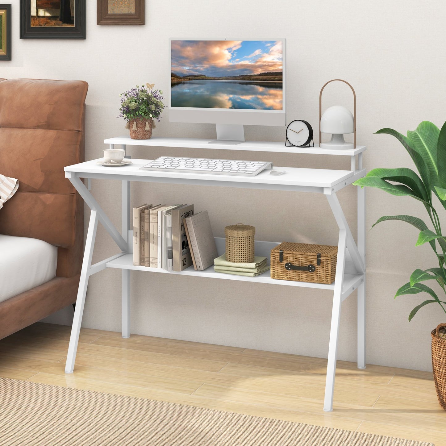 Space Saving Computer Desk with Monitor Stand and Extra Storage Shelf for Work Study-Black