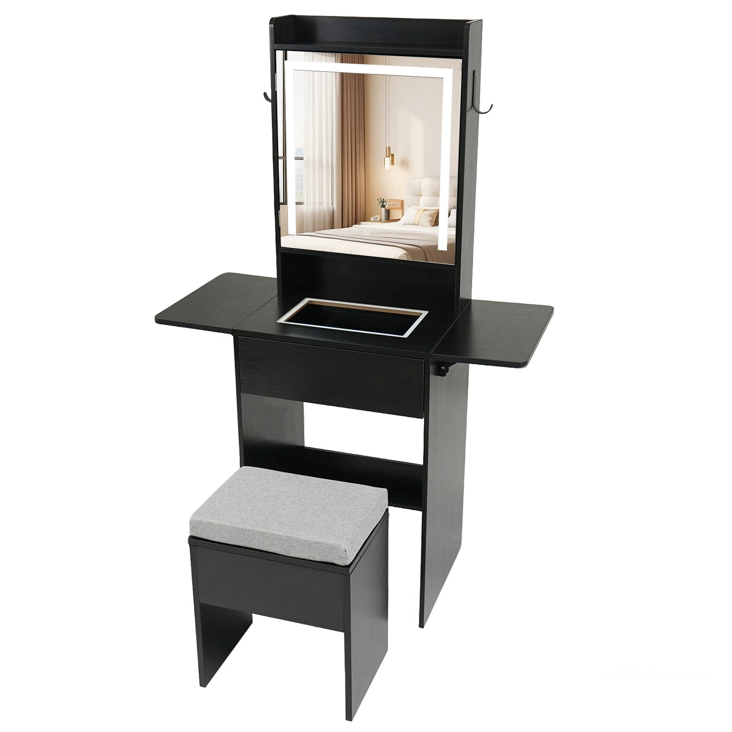 Space-saving Vanity Desk with Mirror and Lights for Bedroom-Black