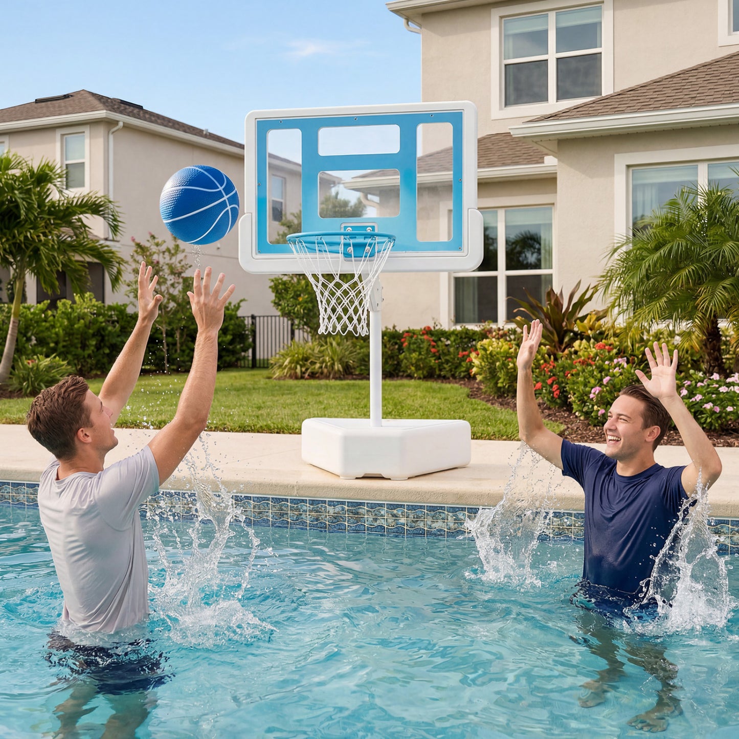 Splash & Shoot Pool Basketball Hoop with Adjustable Height & 2 Balls and Pump-Blue