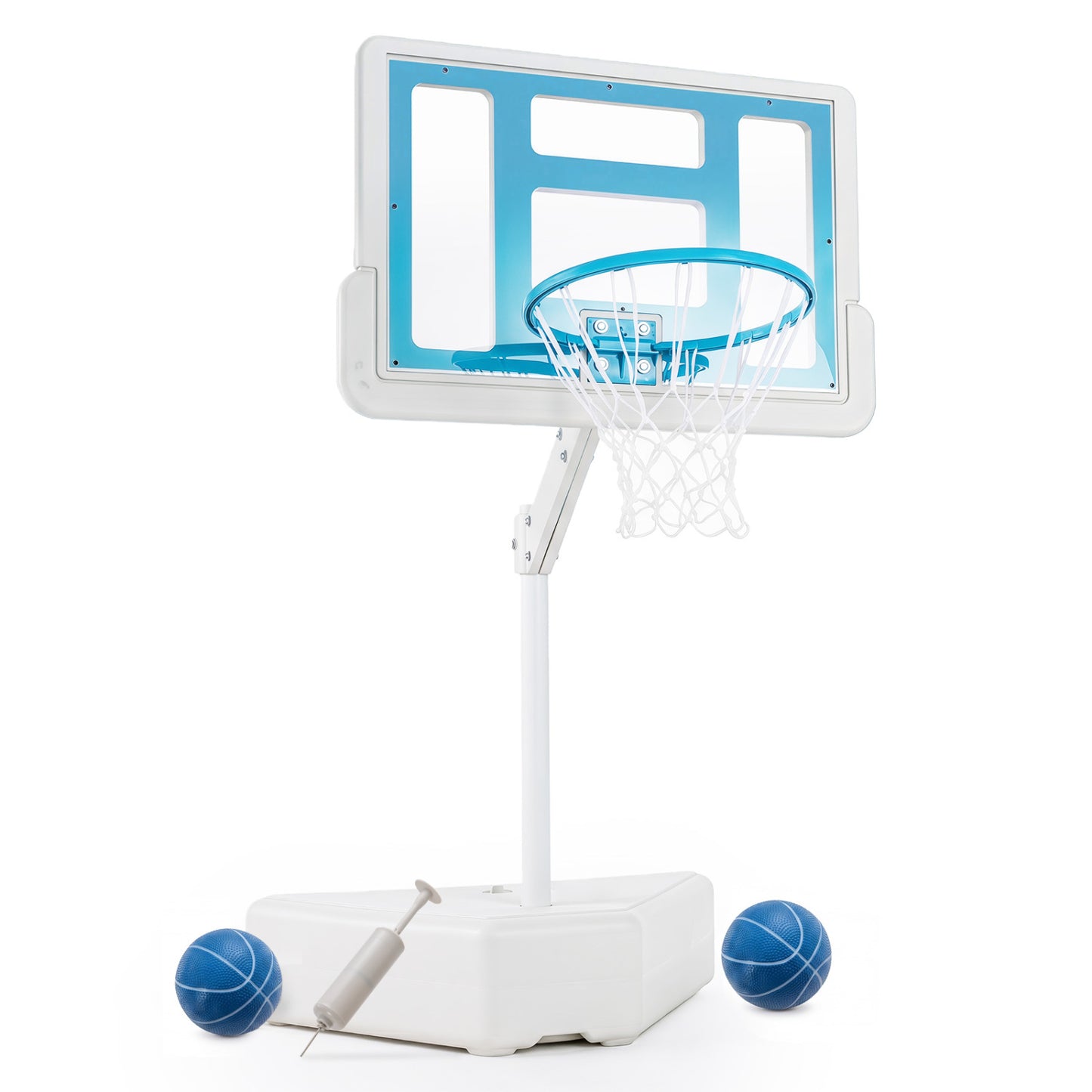 Splash & Shoot Pool Basketball Hoop with Adjustable Height & 2 Balls and Pump-Blue