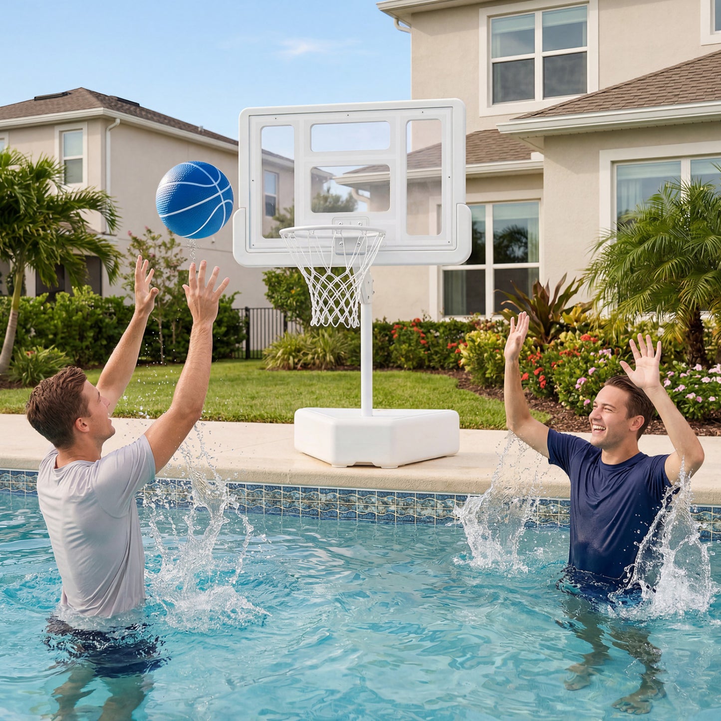 Splash & Shoot Pool Basketball Hoop with Adjustable Height & 2 Balls and Pump-Blue