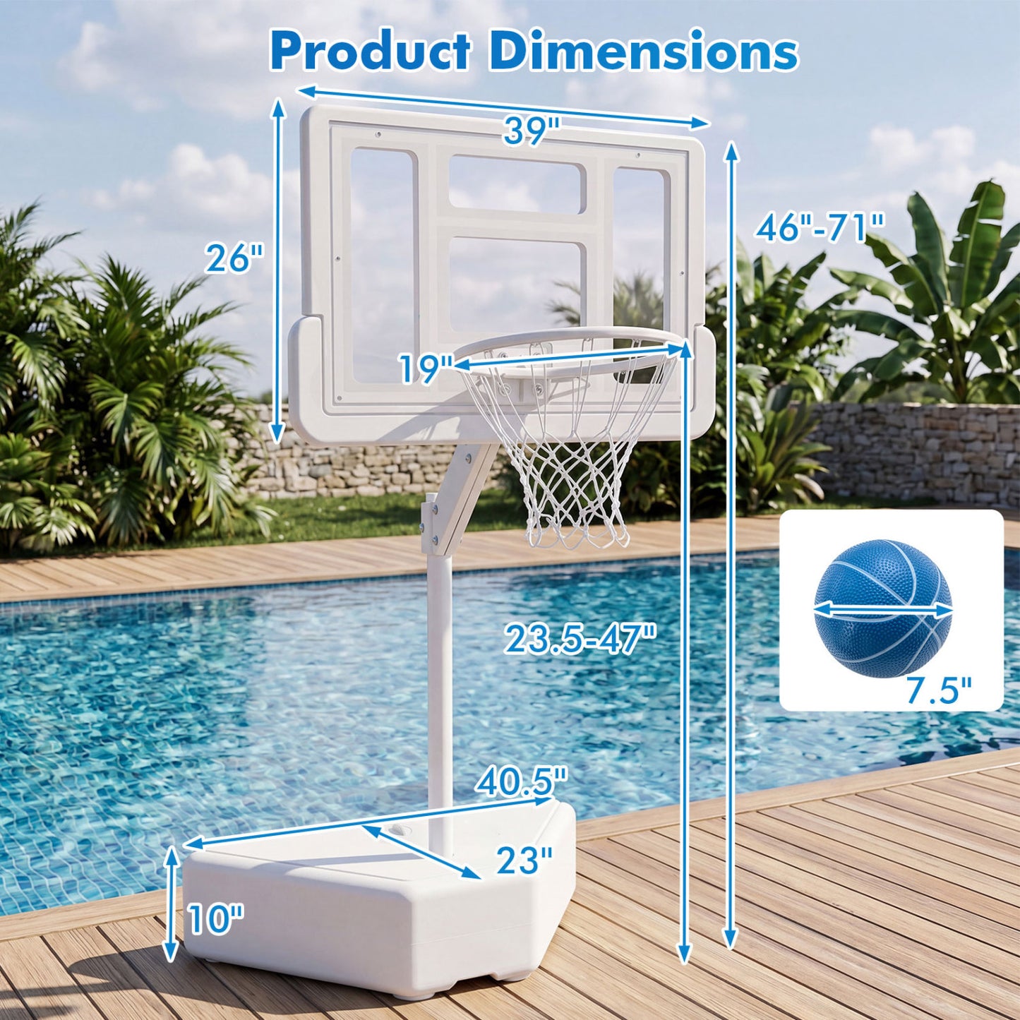 Splash & Shoot Pool Basketball Hoop with Adjustable Height & 2 Balls and Pump-Blue