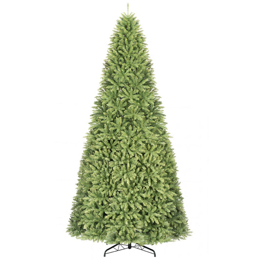 12ft unlit artificial Spruce Fir Christmas tree with folding metal stand, ideal for holiday decor and festive interior decoration.