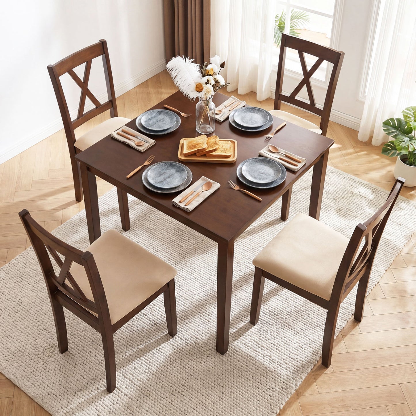 Square Kitchen Table and 4 Armless Chairs Set for 4-Walnut