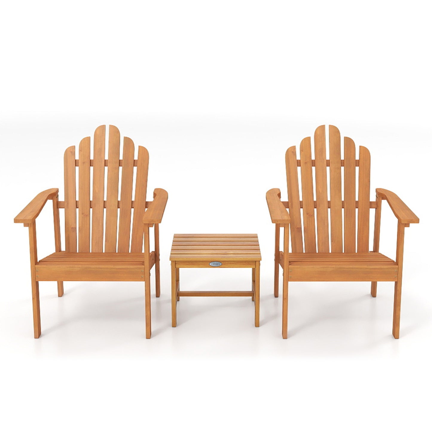 Two natural stackable Adirondack chairs with a side table, part of outdoor patio furniture set for outdoor and patio use.