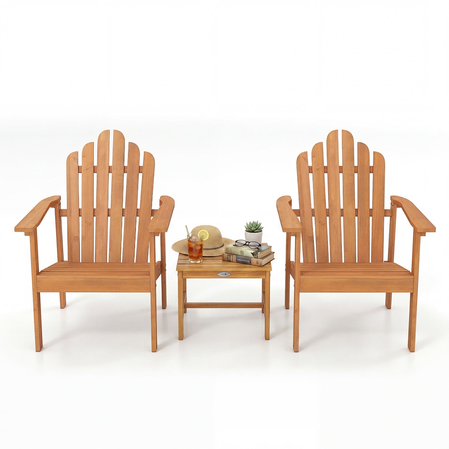 Set of two stackable natural Adirondack chairs with a side table, outdoor patio furniture by Wilsons Home Store