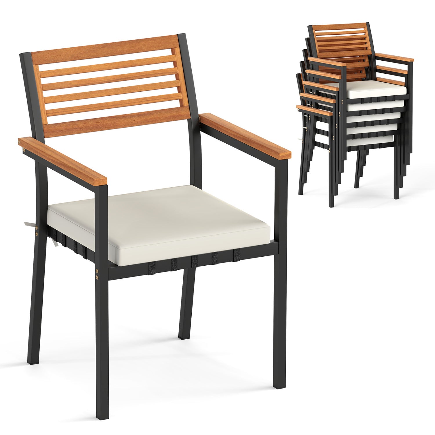 Six stackable outdoor patio dining chairs with cushions, suitable for outdoor seating and patio dining spaces.