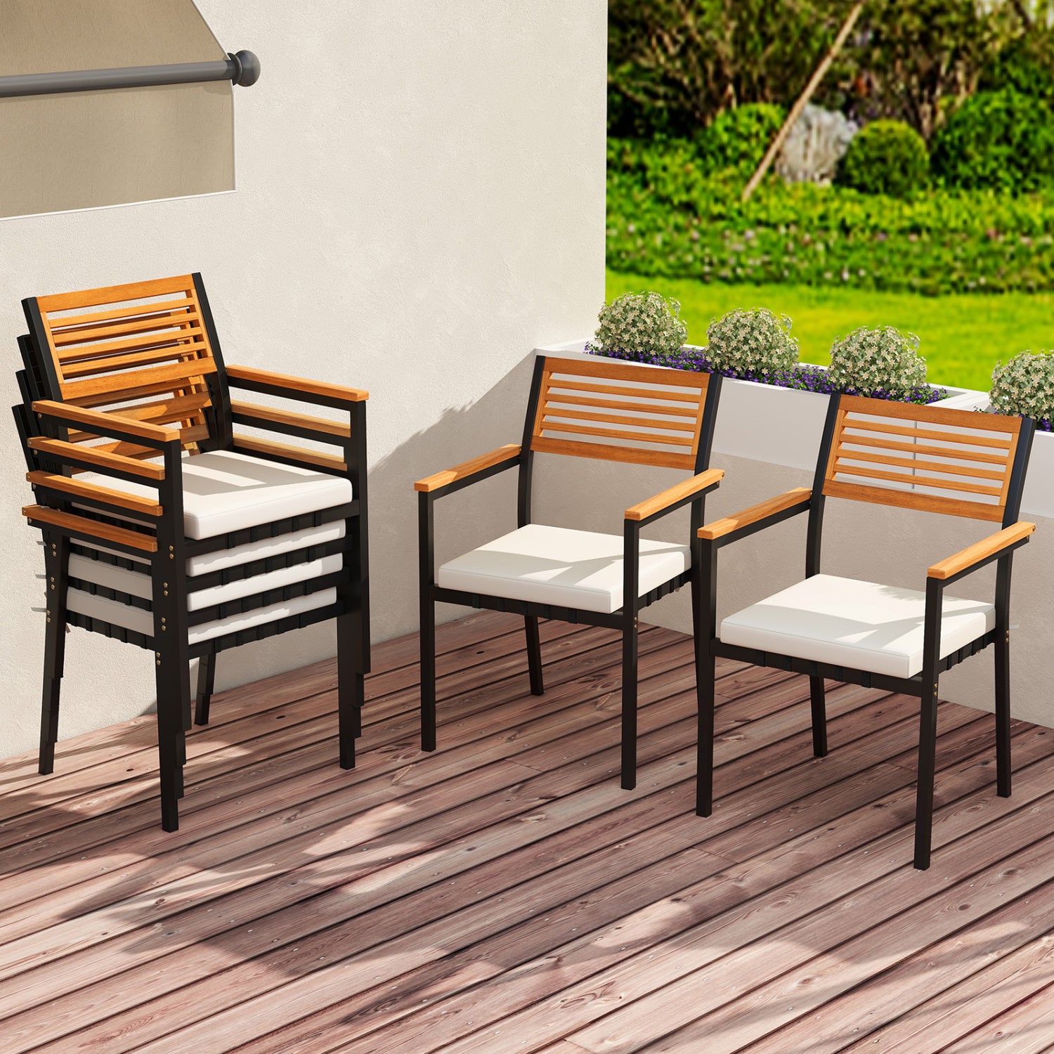 Set of six stackable outdoor patio dining chairs with cushions, made by Wilsons Home Store, for comfortable outdoor seating.