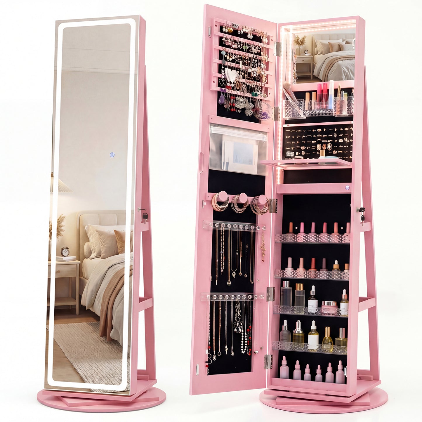 Standing Jewelry Cabinet with Adjustable LED Lights-Gray