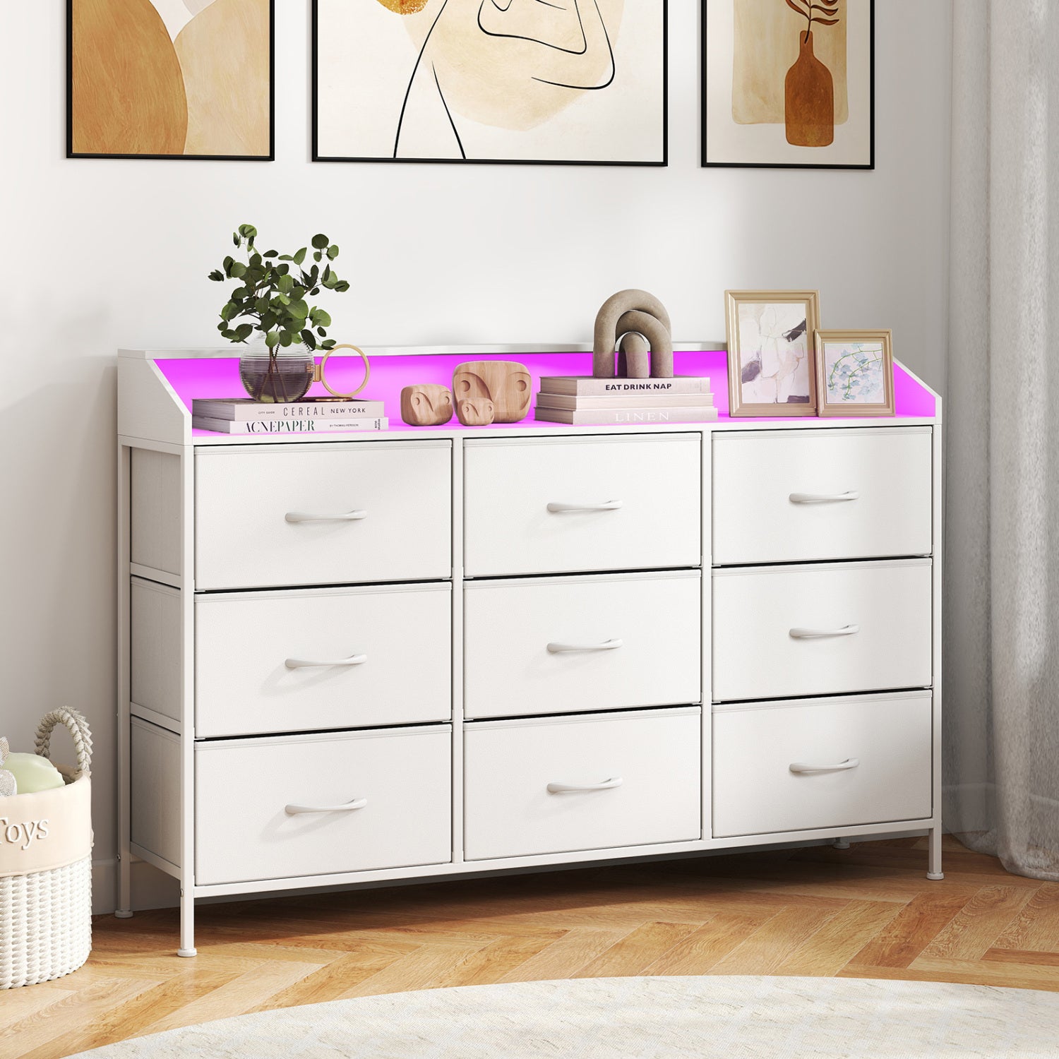 White storage organizer with LED lights and nine fabric drawers, ideal for bedroom organization and storage.