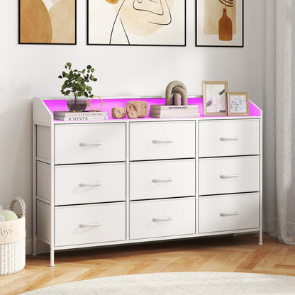 White storage organizer with LED lights and nine fabric drawers, ideal for bedroom organization and storage.